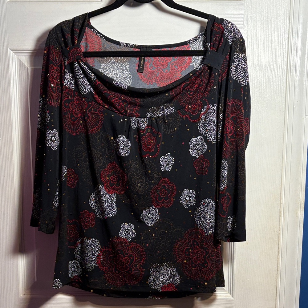 Susan Lawrence Black and Red with Gold Shimmer Sequins 3/4 Sleeve Blouse Top XL